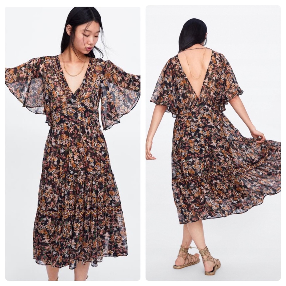 NWT Zara Floral Print Flutter Sleeve Beaded Trim Cut Out MIDI Dress S